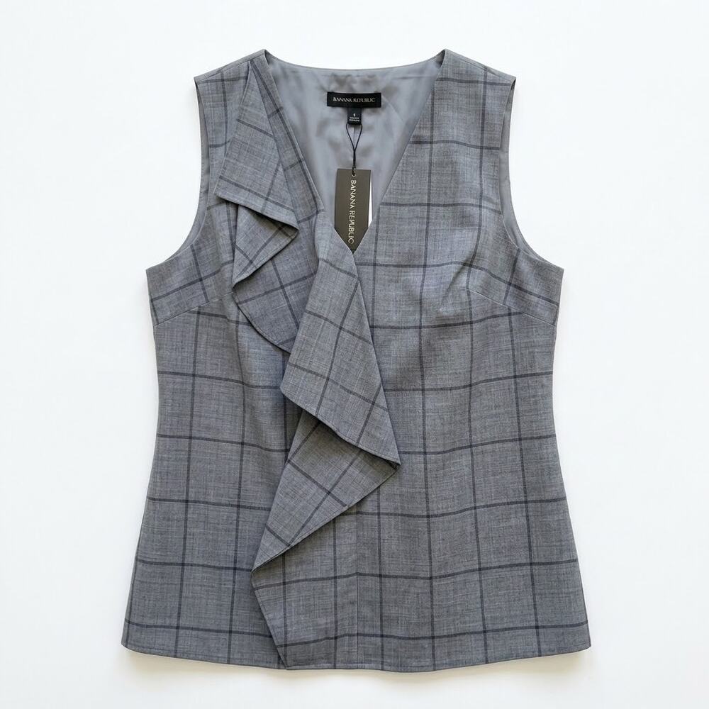 Banana Republic Wool Cascade Ruffle Top Gray Windowpane Womens Small Petite SP